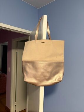 DKNY Beige Canvas & Metallic Rose Gold Tote